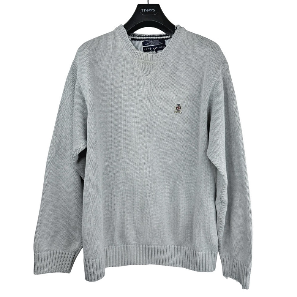 VINTAGE TOMMY HILFIGER Y2K Men's Designer Light Grey Crew Neck Sweater Size XL
